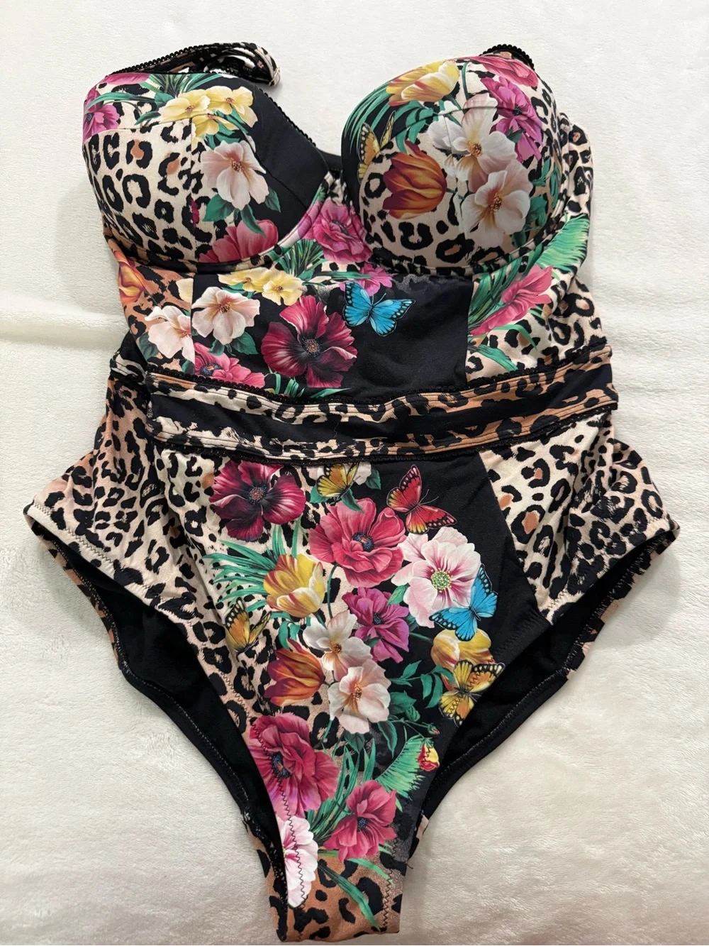Johnny Was Sandra leopard and floral print bustier one-piece swimsuit Large D97